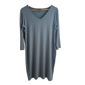 Eileen Fisher Dusty Blue V-Neck Relaxed Fit 3/4 Sleeve Dress Size Large